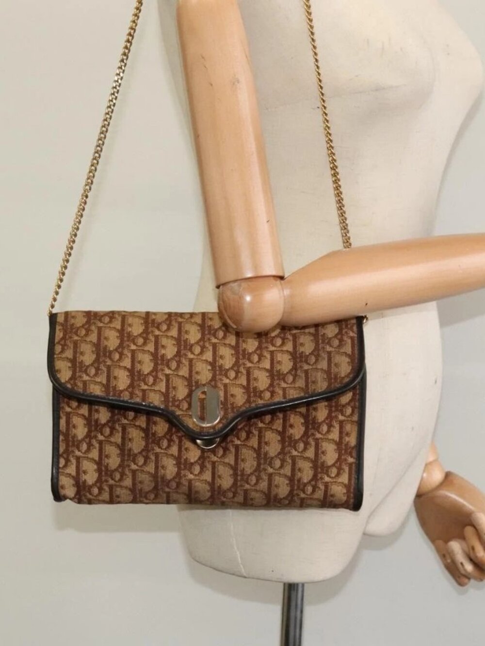 Christian Dior Trotter Canvas Chain Shoulder Bag Brown Gold